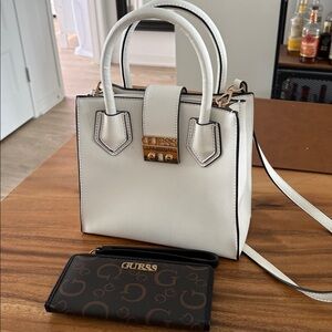 GUESS Cream Satchel with Gold Accents